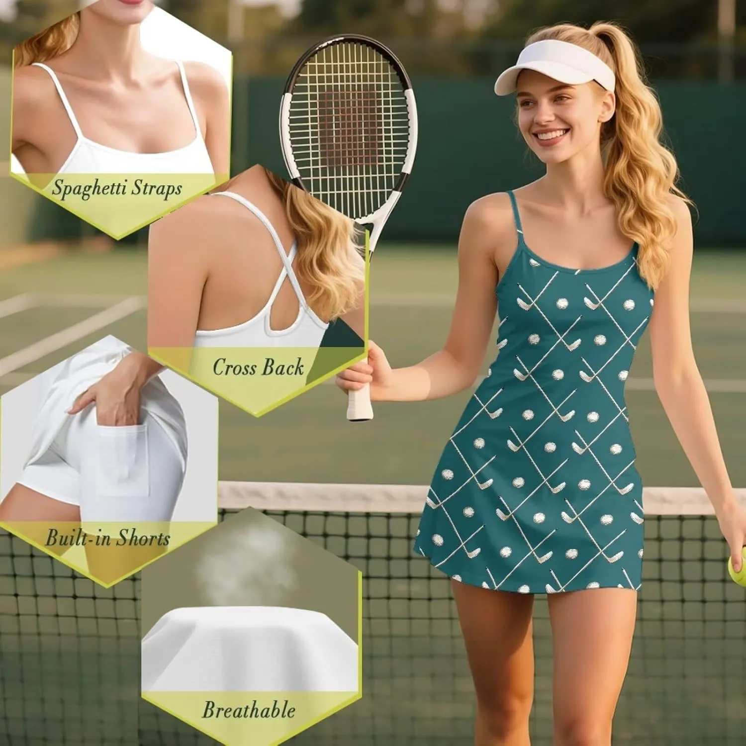 Athletic Dress for Women Tennis Spaghetti Strap Mini Dress with Built-in Shorts 2 Pockets