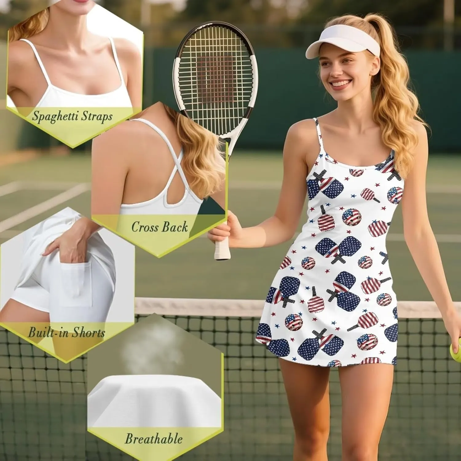 Athletic Dress for Women Tennis Spaghetti Strap Mini Dress with Built-in Shorts 2 Pockets