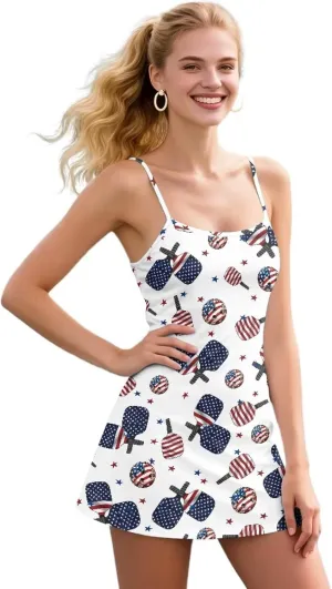 Athletic Dress for Women Tennis Spaghetti Strap Mini Dress with Built-in Shorts 2 Pockets