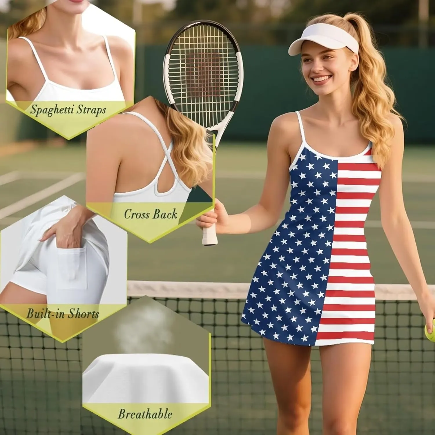 Athletic Dress for Women Tennis Spaghetti Strap Mini Dress with Built-in Shorts Casual Sports Activewear