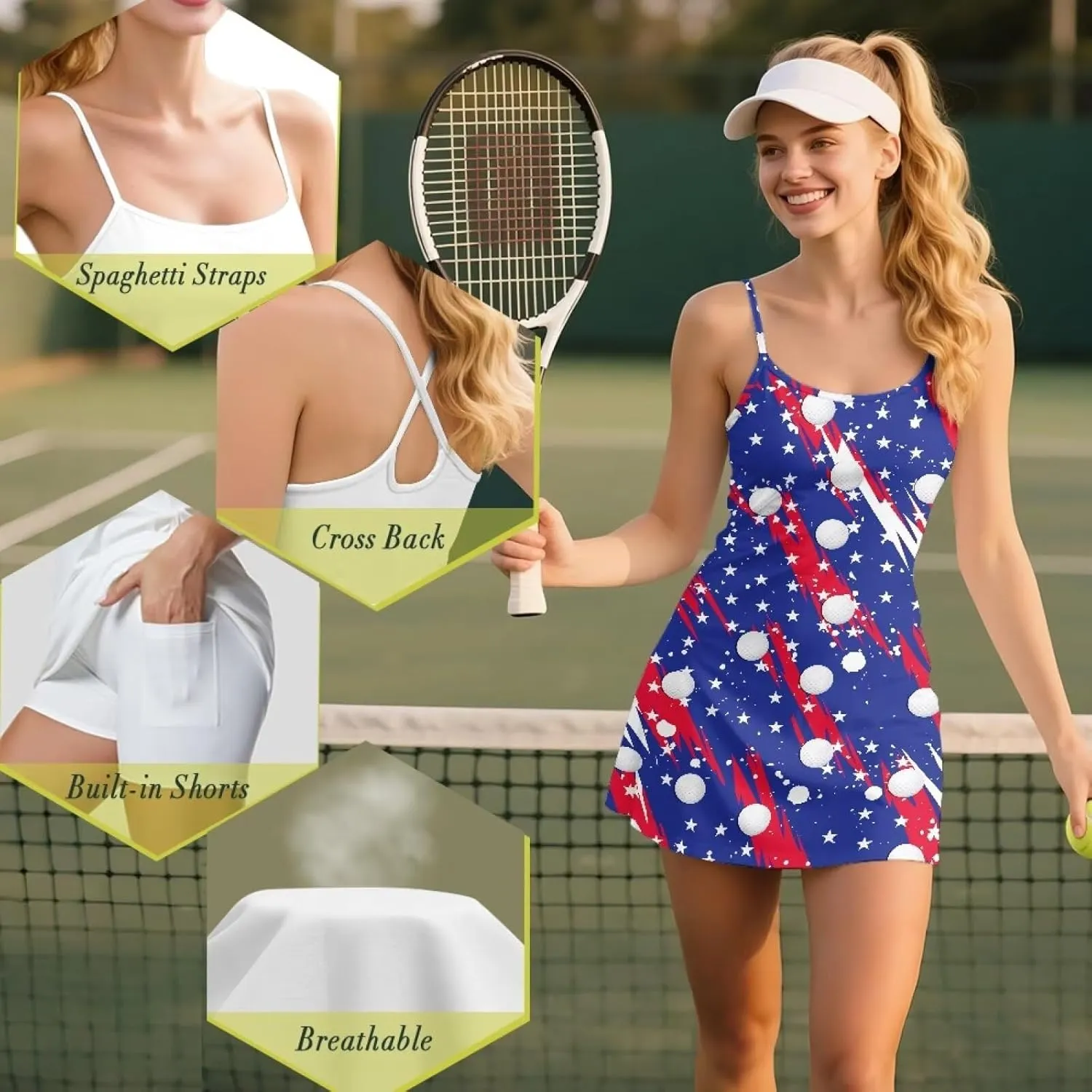 Athletic Dress for Women Tennis Spaghetti Strap Mini Dress with Built-in Shorts Casual Sports Activewear