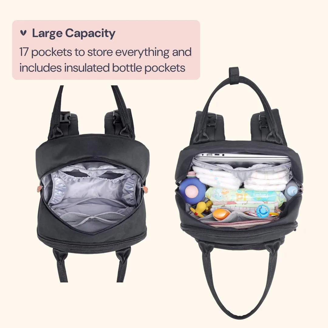 BabbleRoo Diaper Bag Backpack - Baby Essentials Travel Tote - Multi Function Waterproof Diaper Bag, Travel Essentials Baby Bag with Changing Pad, Stroller Straps & Pacifier Case - Unisex, Black
