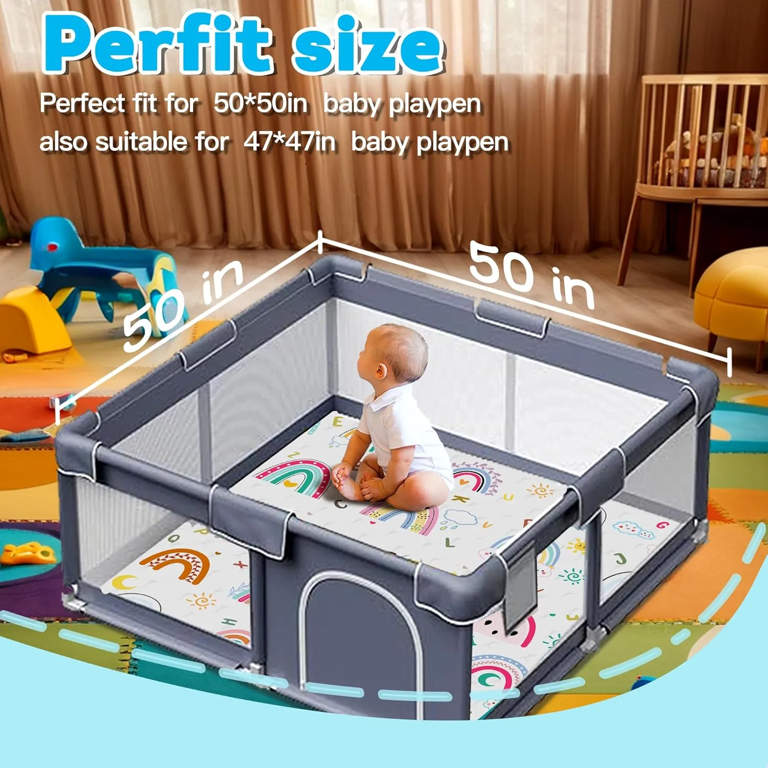 Baby Play Mat，Thick Soft 50" X 50" Playpen mat, Foldable and Machine Washable Baby Play Mats for Floor，Play Mat for Babies, Toddlers & Infants to Play and Learn (Rainbow)