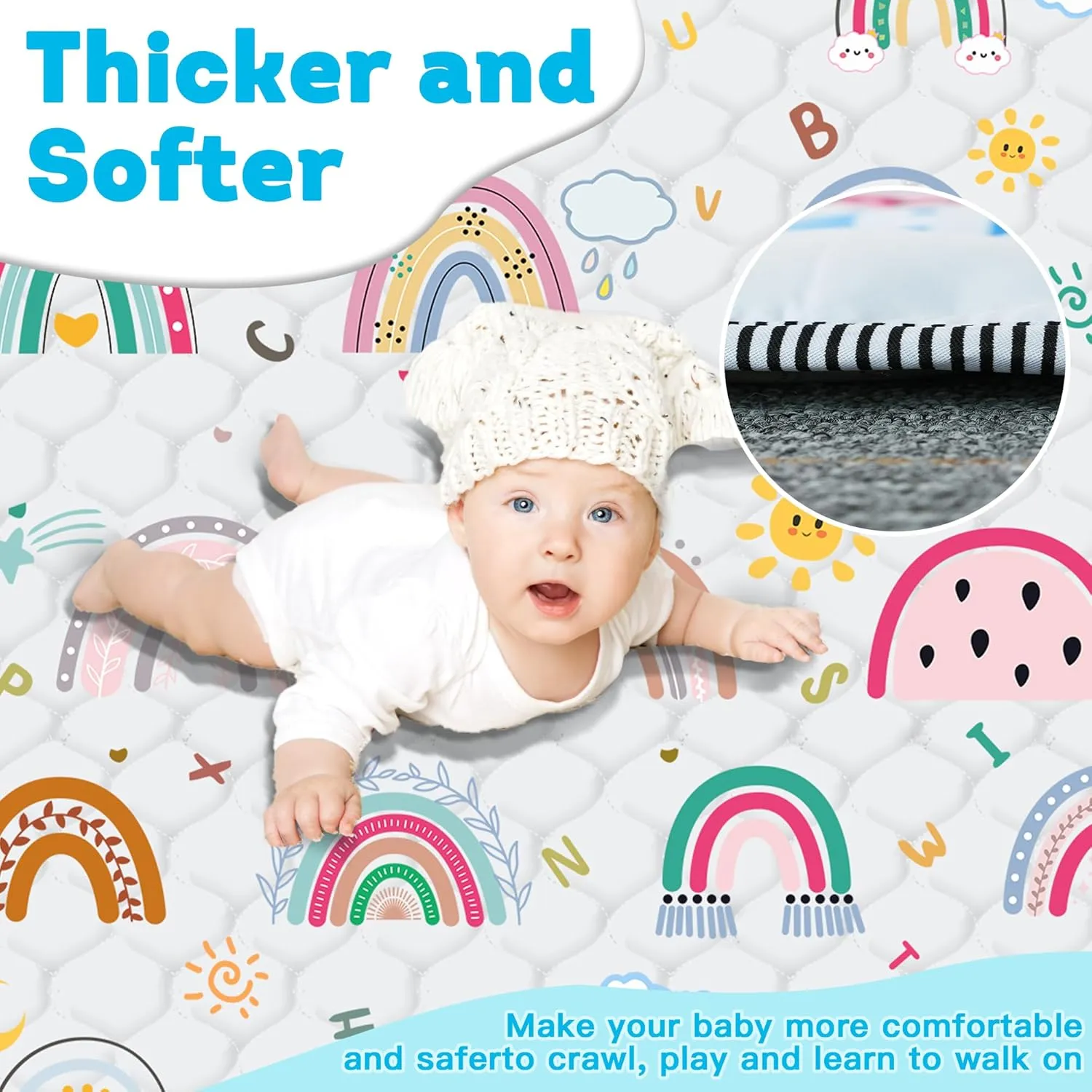 Baby Play Mat，Thick Soft 50" X 50" Playpen mat, Foldable and Machine Washable Baby Play Mats for Floor，Play Mat for Babies, Toddlers & Infants to Play and Learn (Rainbow)
