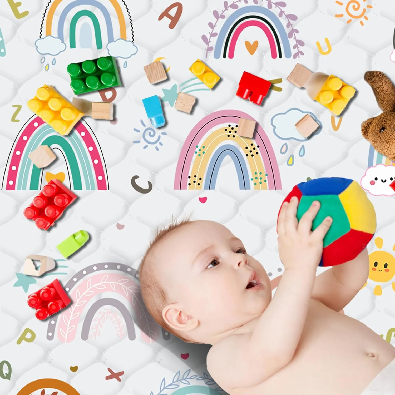 Baby Play Mat，Thick Soft 50" X 50" Playpen mat, Foldable and Machine Washable Baby Play Mats for Floor，Play Mat for Babies, Toddlers & Infants to Play and Learn (Rainbow)