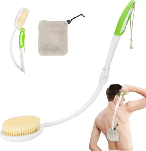 Back Shower Brush for Men and Women, Bath Brush with Quick Dry Wrap, 23.5" Foldable Extra Long Handle Curved Body Cleaning Back Scrubber, Suitable for Elderly,Disabled,Seniors,Pregnant - LYIGEOL