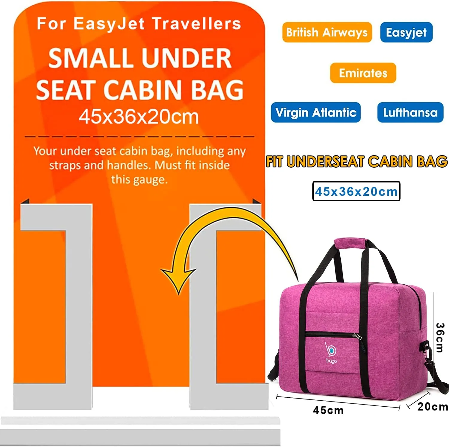 Bago Foldable Duffle Bag - Personal Item & Small Carry On for Air Travel - Fits 18x14x8 inches, Ideal for Spirit & Frontier Airlines