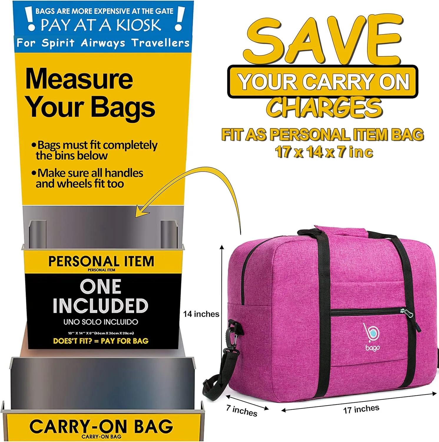 Bago Foldable Duffle Bag - Personal Item & Small Carry On for Air Travel - Fits 18x14x8 inches, Ideal for Spirit & Frontier Airlines