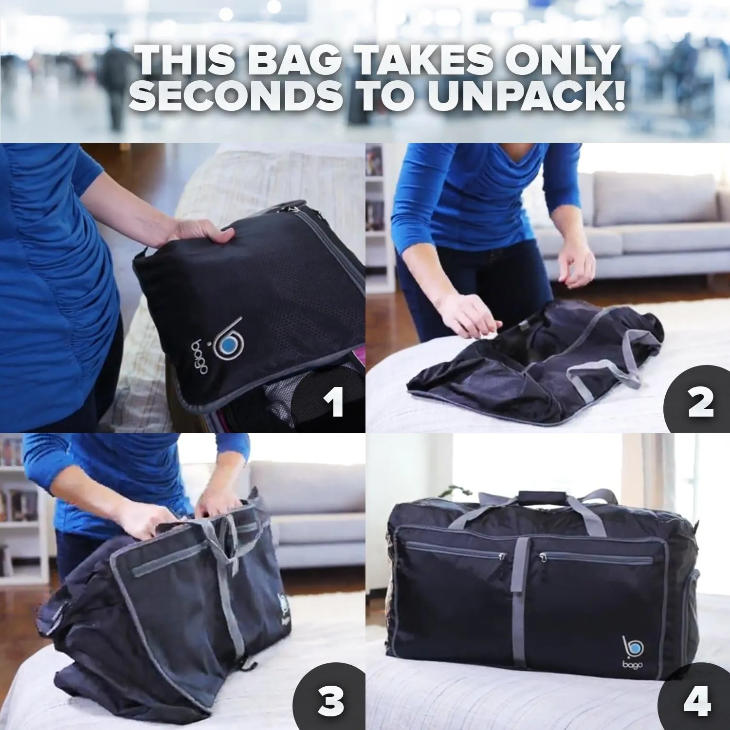 Bago Large Foldable Duffel Bags for Traveling Women & Men - 100L Packable Duffle Bag for Travel with Shoe Compartment - Water Repellant, Heavy Duty, Lightweight Folding & Collapsible (SnowGray)