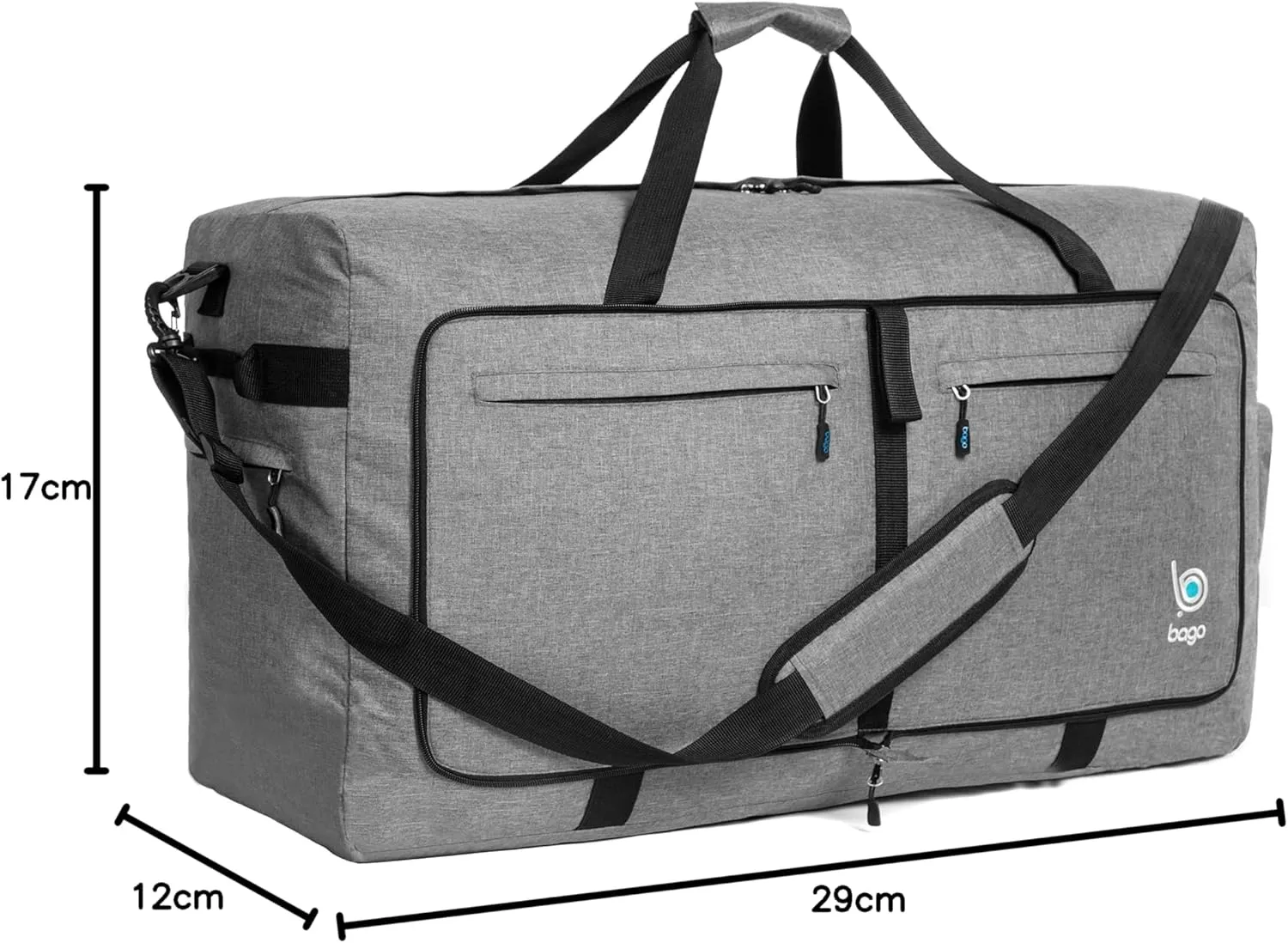 Bago Large Foldable Duffel Bags for Traveling Women & Men - 100L Packable Duffle Bag for Travel with Shoe Compartment - Water Repellant, Heavy Duty, Lightweight Folding & Collapsible (SnowGray)