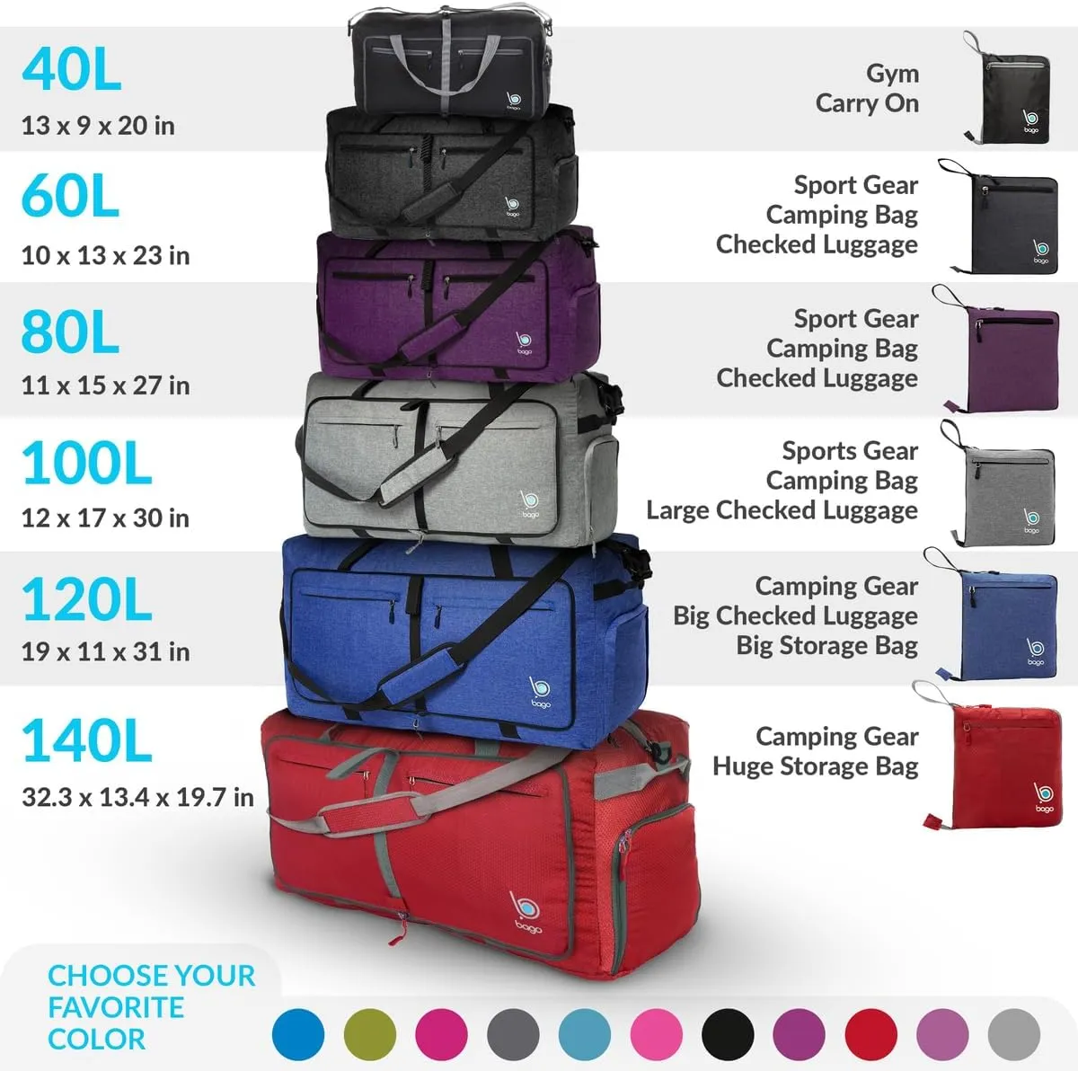 Bago Large Foldable Duffel Bags for Traveling Women & Men - 100L Packable Duffle Bag for Travel with Shoe Compartment - Water Repellant, Heavy Duty, Lightweight Folding & Collapsible (SnowGray)