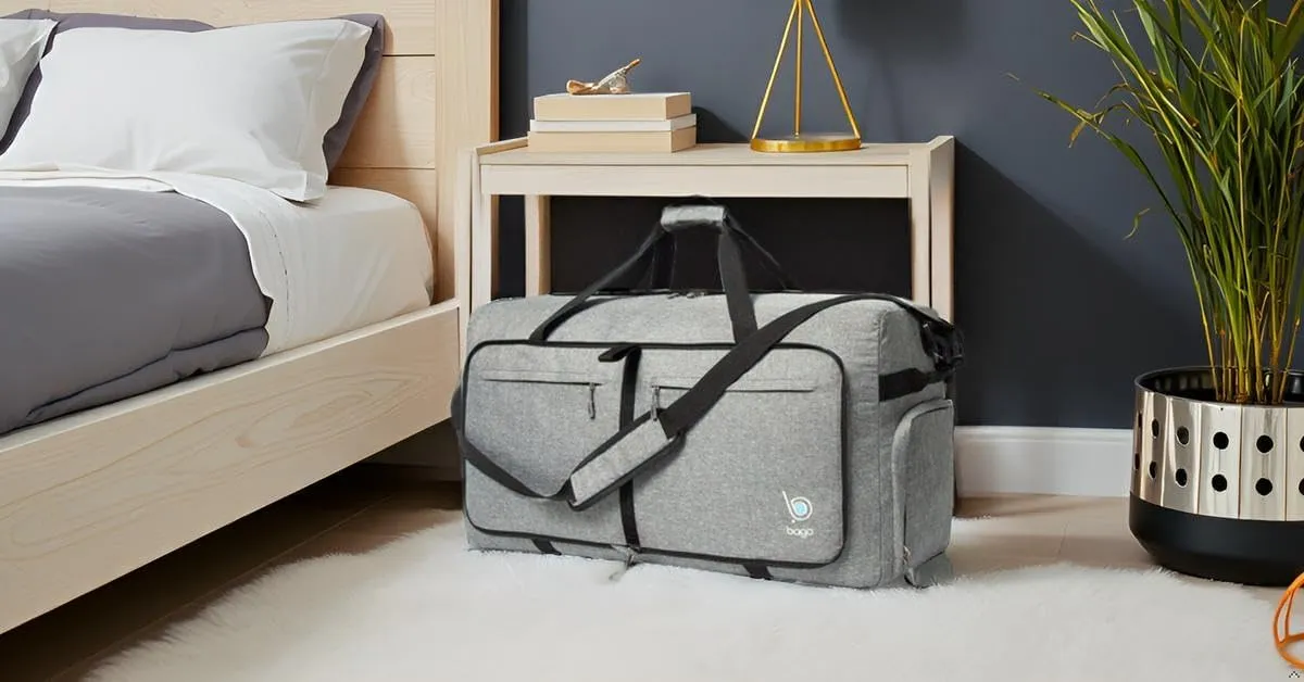 Bago Large Foldable Duffel Bags for Traveling Women & Men - 100L Packable Duffle Bag for Travel with Shoe Compartment - Water Repellant, Heavy Duty, Lightweight Folding & Collapsible (SnowGray)