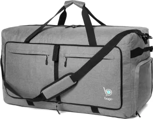 Bago Large Foldable Duffel Bags for Traveling Women & Men - 100L Packable Duffle Bag for Travel with Shoe Compartment - Water Repellant, Heavy Duty, Lightweight Folding & Collapsible (SnowGray)
