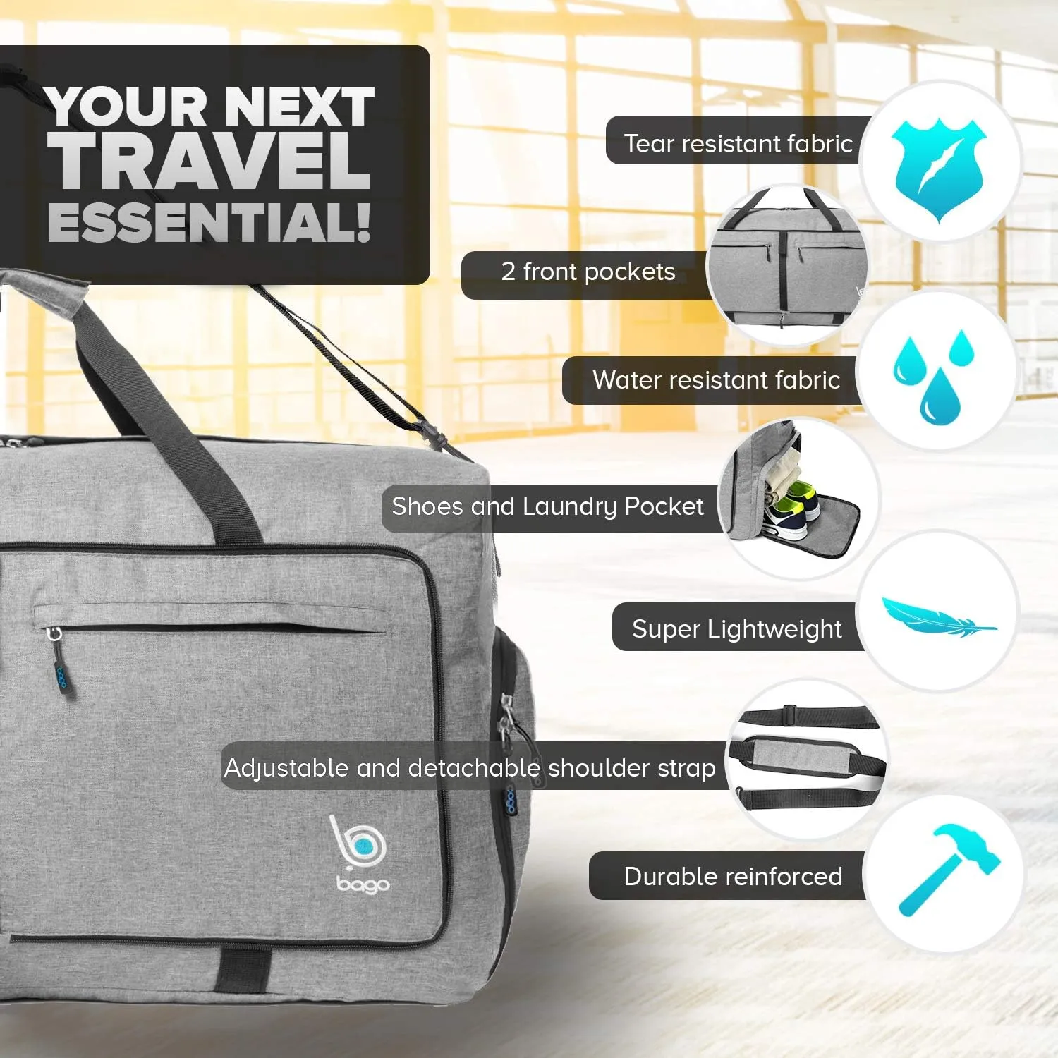 Bago Large Foldable Duffel Bags for Traveling Women & Men - 100L Packable Duffle Bag for Travel with Shoe Compartment - Water Repellant, Heavy Duty, Lightweight Folding & Collapsible (SnowGray)