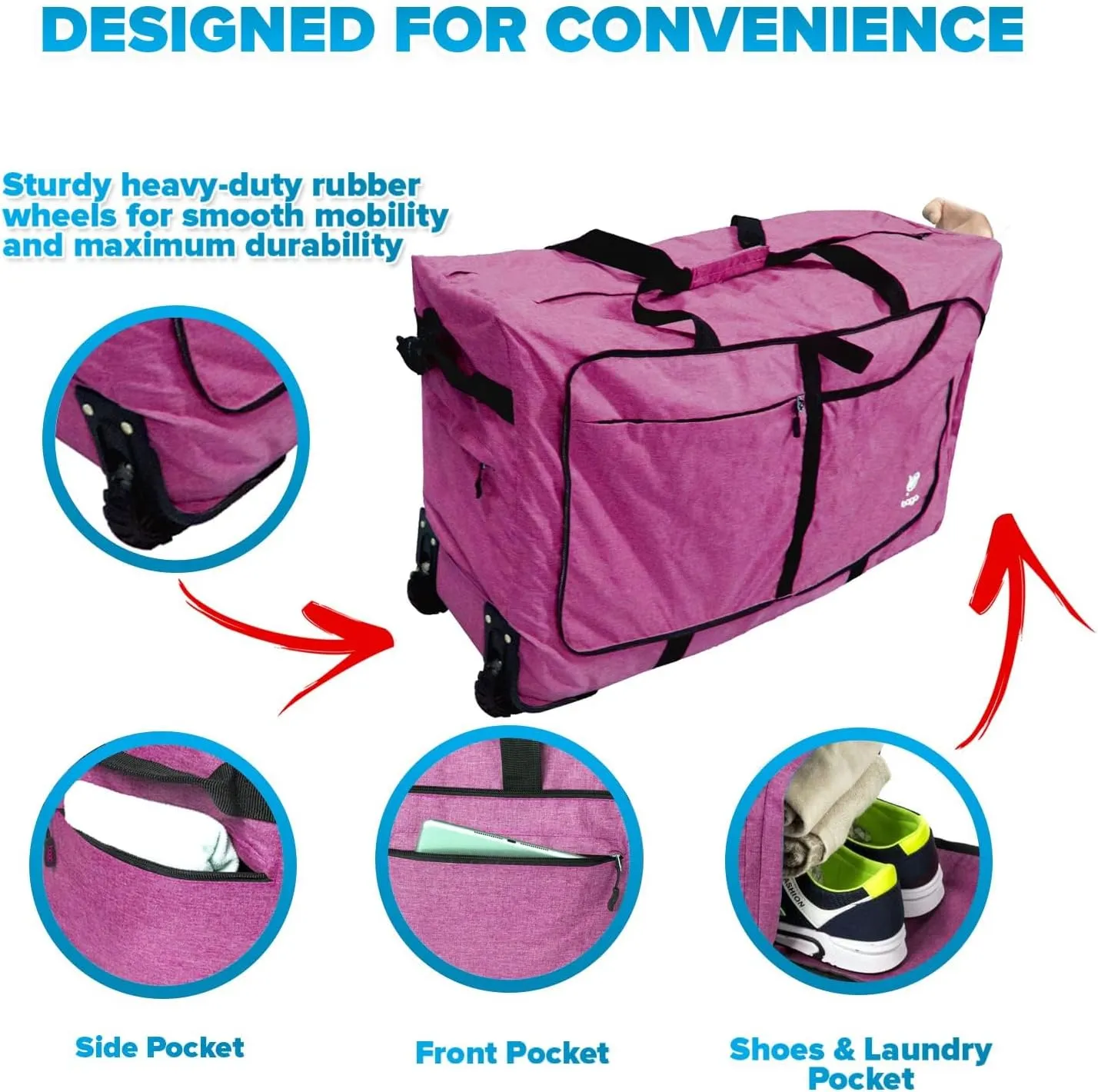 Bago Snow Purple Extra Large 120L Foldable Weekender Rolling Duffel Bag with Wheels, Waterproof Travel Duffel Bag, Heavy Duty Lightweight Duffle Bag for Traveling