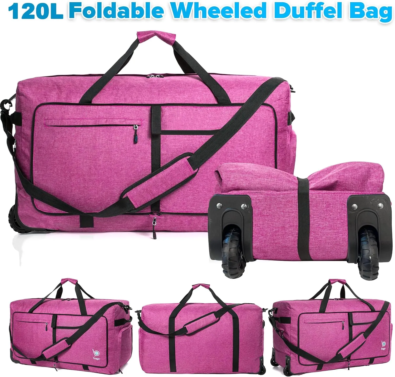 Bago Snow Purple Extra Large 120L Foldable Weekender Rolling Duffel Bag with Wheels, Waterproof Travel Duffel Bag, Heavy Duty Lightweight Duffle Bag for Traveling