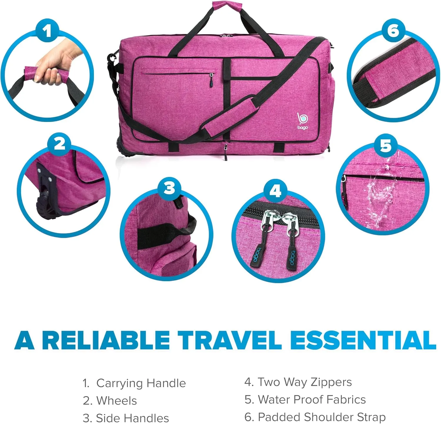 Bago Snow Purple Extra Large 120L Foldable Weekender Rolling Duffel Bag with Wheels, Waterproof Travel Duffel Bag, Heavy Duty Lightweight Duffle Bag for Traveling