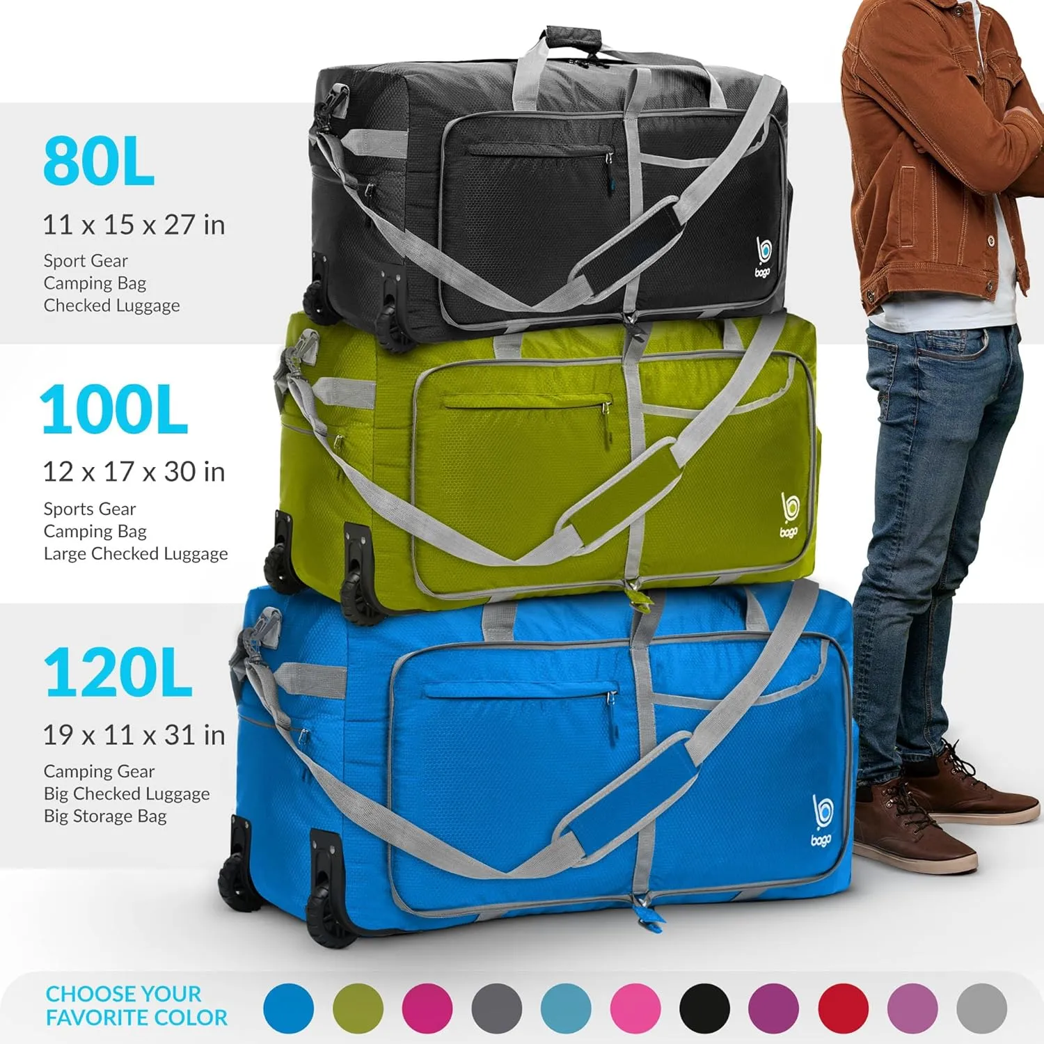 Bago Snow Purple Extra Large 120L Foldable Weekender Rolling Duffel Bag with Wheels, Waterproof Travel Duffel Bag, Heavy Duty Lightweight Duffle Bag for Traveling