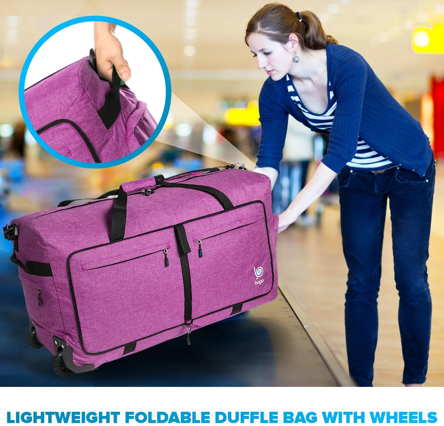 Bago Snow Purple Extra Large 120L Foldable Weekender Rolling Duffel Bag with Wheels, Waterproof Travel Duffel Bag, Heavy Duty Lightweight Duffle Bag for Traveling