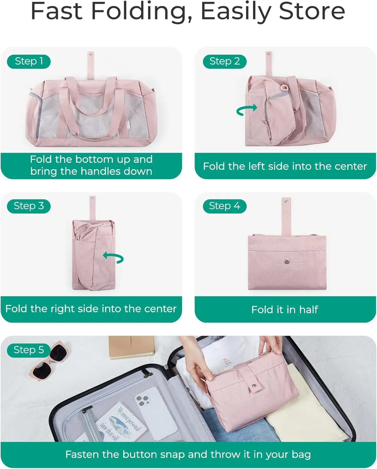 BAGSMART Foldable Duffle Bag for Women - 35L Carry On Weekender Overnight Sports Duffel with Shoe Compartment, Personal Item Travel Workout Bag for Travel Yoga, Pink
