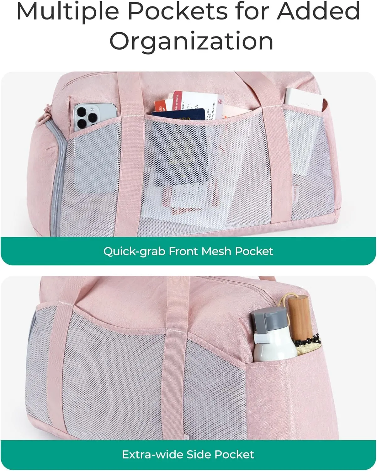 BAGSMART Foldable Duffle Bag for Women - 35L Carry On Weekender Overnight Sports Duffel with Shoe Compartment, Personal Item Travel Workout Bag for Travel Yoga, Pink