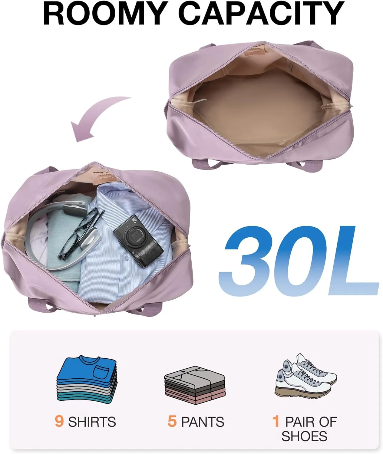 BAGSMART Foldable Travel Duffle Bag, 30.6L Large Carry On Tote Bag Gym Sports Bag for Women, Weekender Overnight Bag for Travel Essentials & Daily Necessities(Dark Purple)
