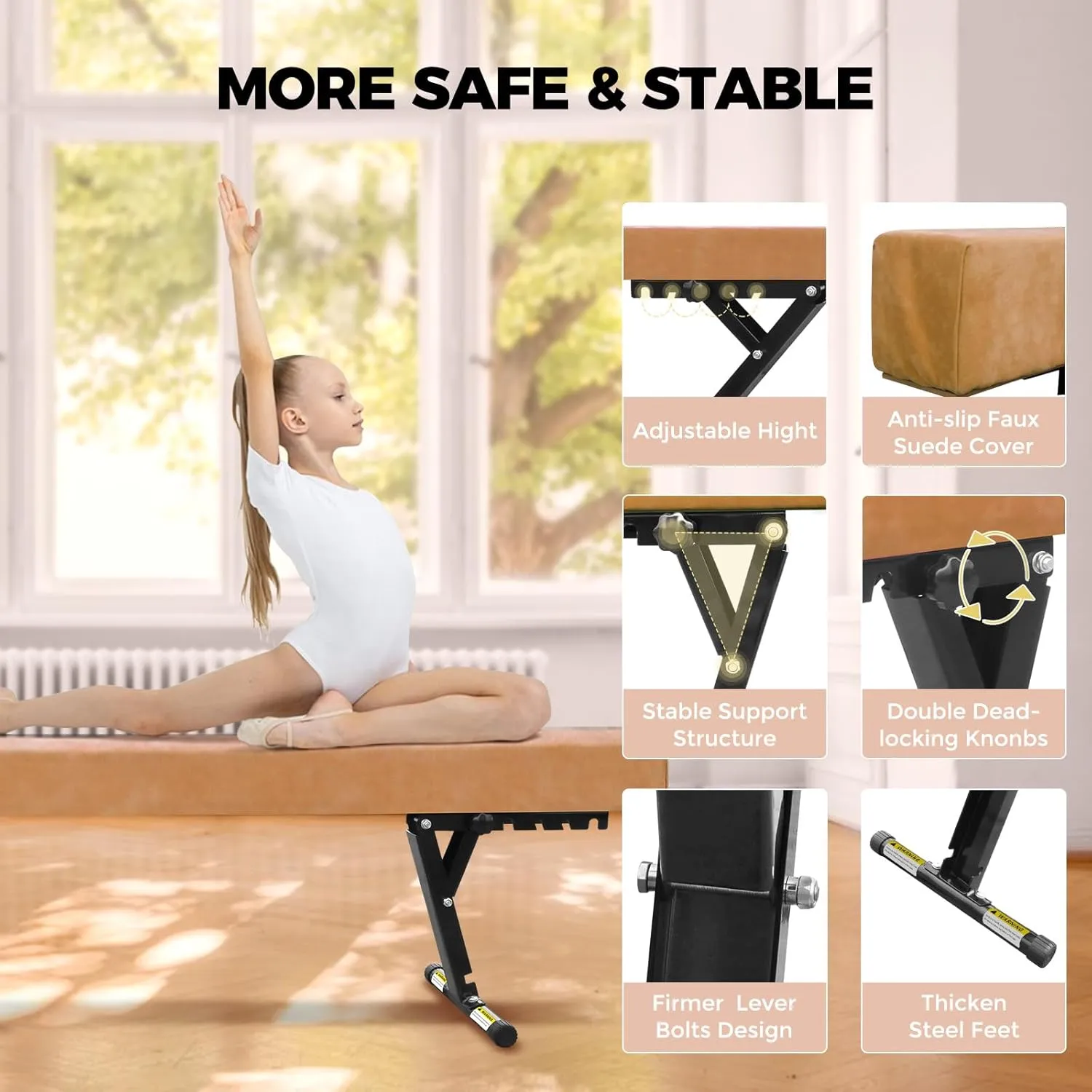 Balance Beam Adjustable 8ft, High and Lower Floor Beam Gymnastics Equipment for Kids Children, Gymnastics Beam with Legs for Home, Professional Training, Gymnastic Club Use
