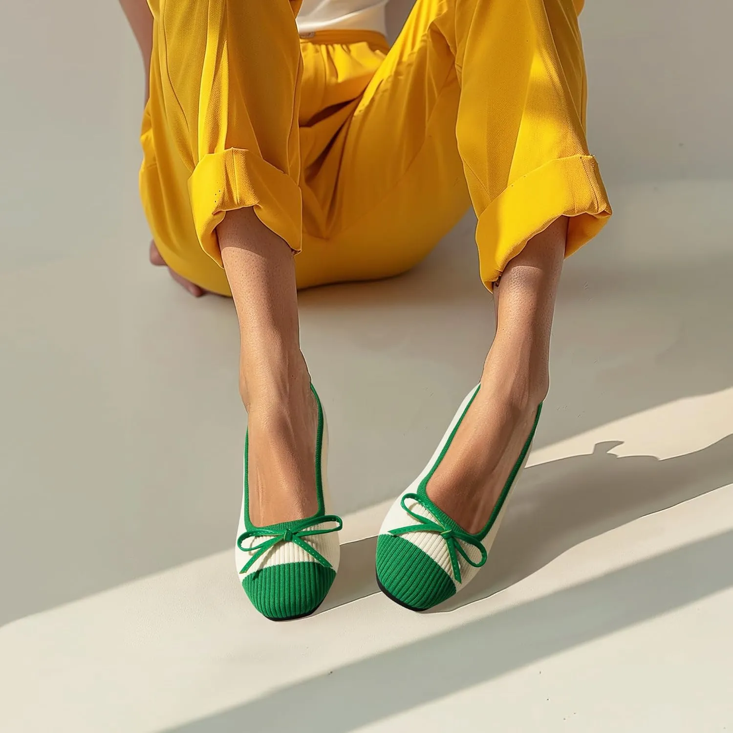 Ballet Flats for Women | Knit Square Toe Slip on Flats | Two-Tone Bowknot Shoes