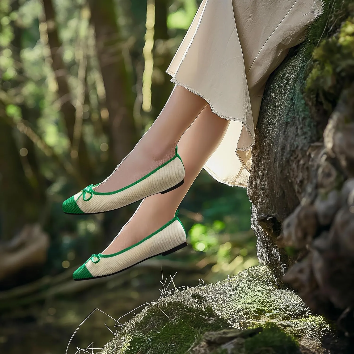 Ballet Flats for Women | Knit Square Toe Slip on Flats | Two-Tone Bowknot Shoes