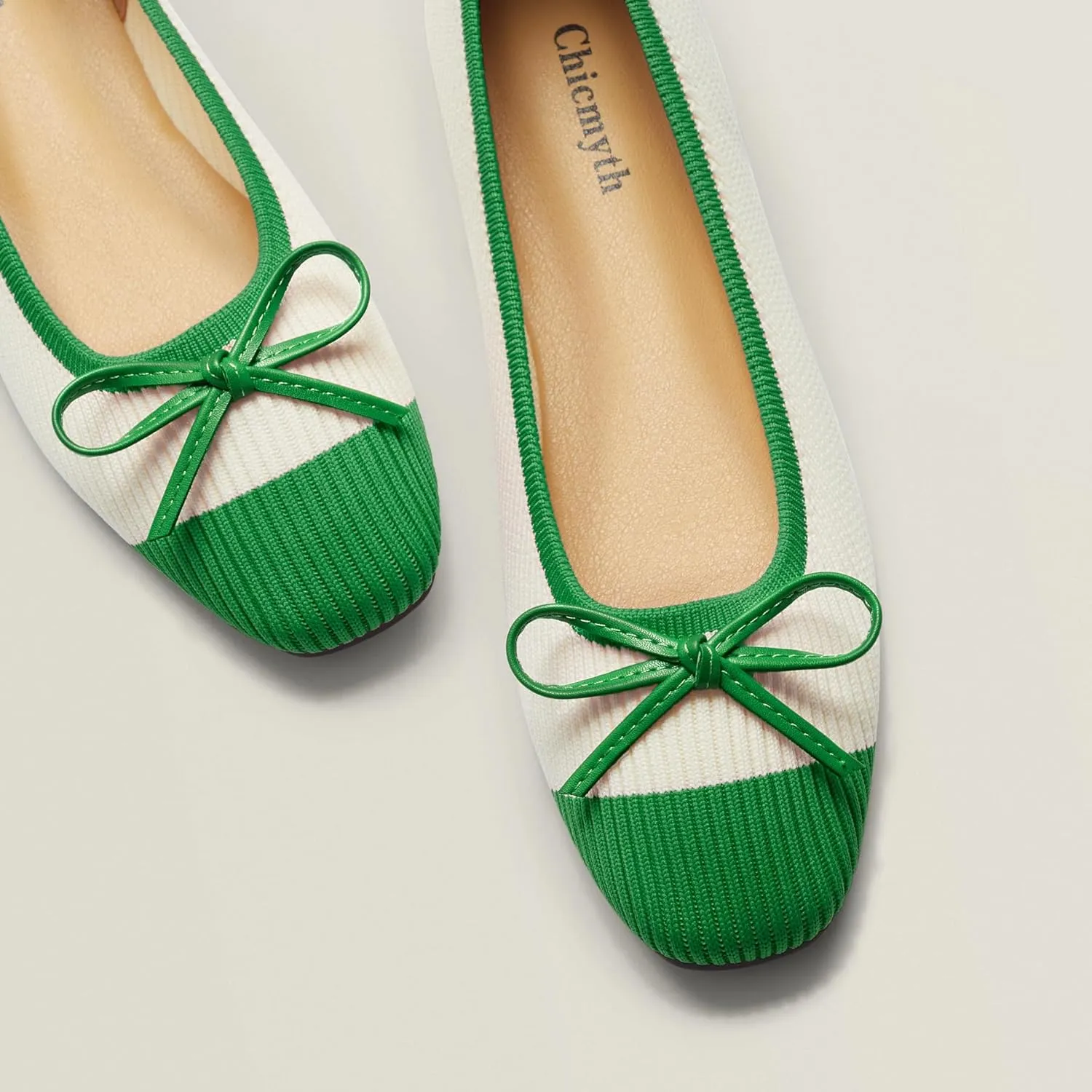 Ballet Flats for Women | Knit Square Toe Slip on Flats | Two-Tone Bowknot Shoes