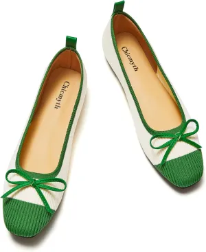 Ballet Flats for Women | Knit Square Toe Slip on Flats | Two-Tone Bowknot Shoes