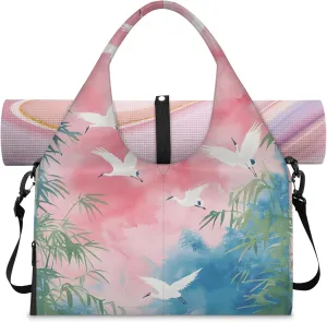 Bamboo forest wild crane Women's Yoga Gym Bag - Adjustable shoulder strap with shoe compartment, large gym bag with multiple pockets for yoga mat, gym equipment and travel accessories
