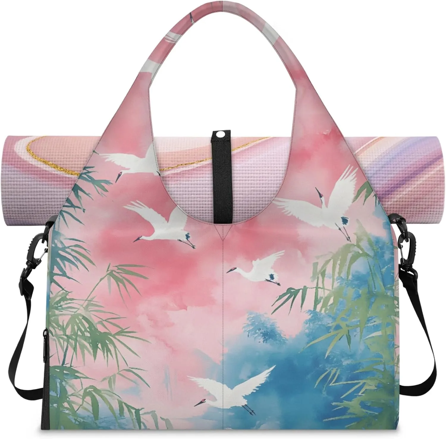 Bamboo forest wild crane Women's Yoga Gym Bag - Adjustable shoulder strap with shoe compartment, large gym bag with multiple pockets for yoga mat, gym equipment and travel accessories