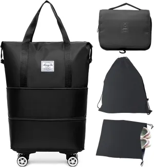 Barsine Rolling Duffle Bag with Wheels, Large Expandable Tote Bags for Weekend Overnight Carry On Wheeled Duffel with Travel Essentials Bag, Black