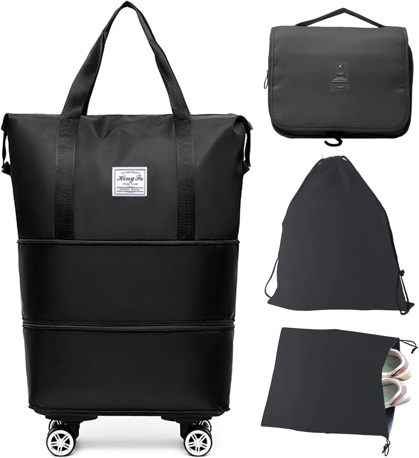 Barsine Rolling Duffle Bag with Wheels, Large Expandable Tote Bags for Weekend Overnight Carry On Wheeled Duffel with Travel Essentials Bag, Black