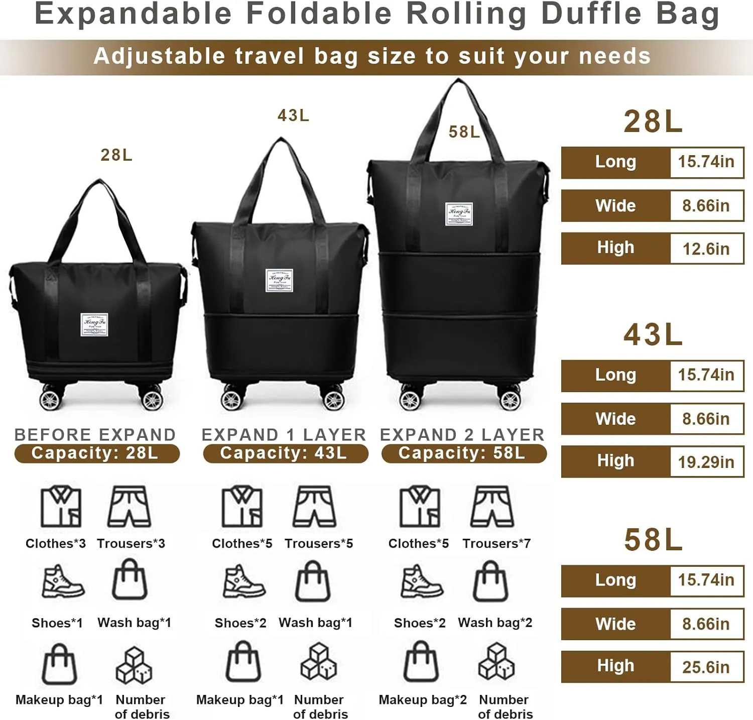 Barsine Rolling Duffle Bag with Wheels, Large Expandable Tote Bags for Weekend Overnight Carry On Wheeled Duffel with Travel Essentials Bag, Black