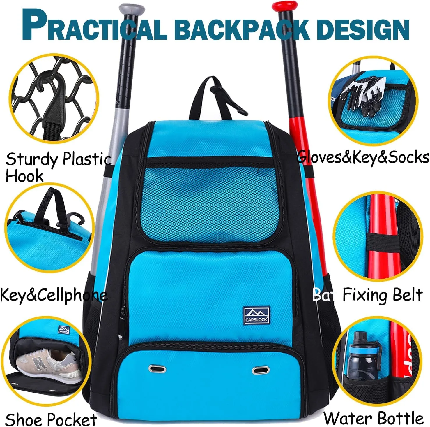 Baseball Bat Bag Backpack,T-Ball & Softball Bat Bag with Shoes Compartment for Youth and Adult, Lightweight Baseball Bag with Fence Hook Hold Bat, Batting Mitten, Helmet, Caps, Teeball Gear