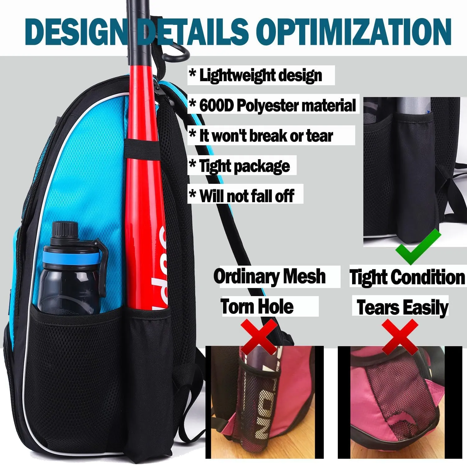 Baseball Bat Bag Backpack,T-Ball & Softball Bat Bag with Shoes Compartment for Youth and Adult, Lightweight Baseball Bag with Fence Hook Hold Bat, Batting Mitten, Helmet, Caps, Teeball Gear