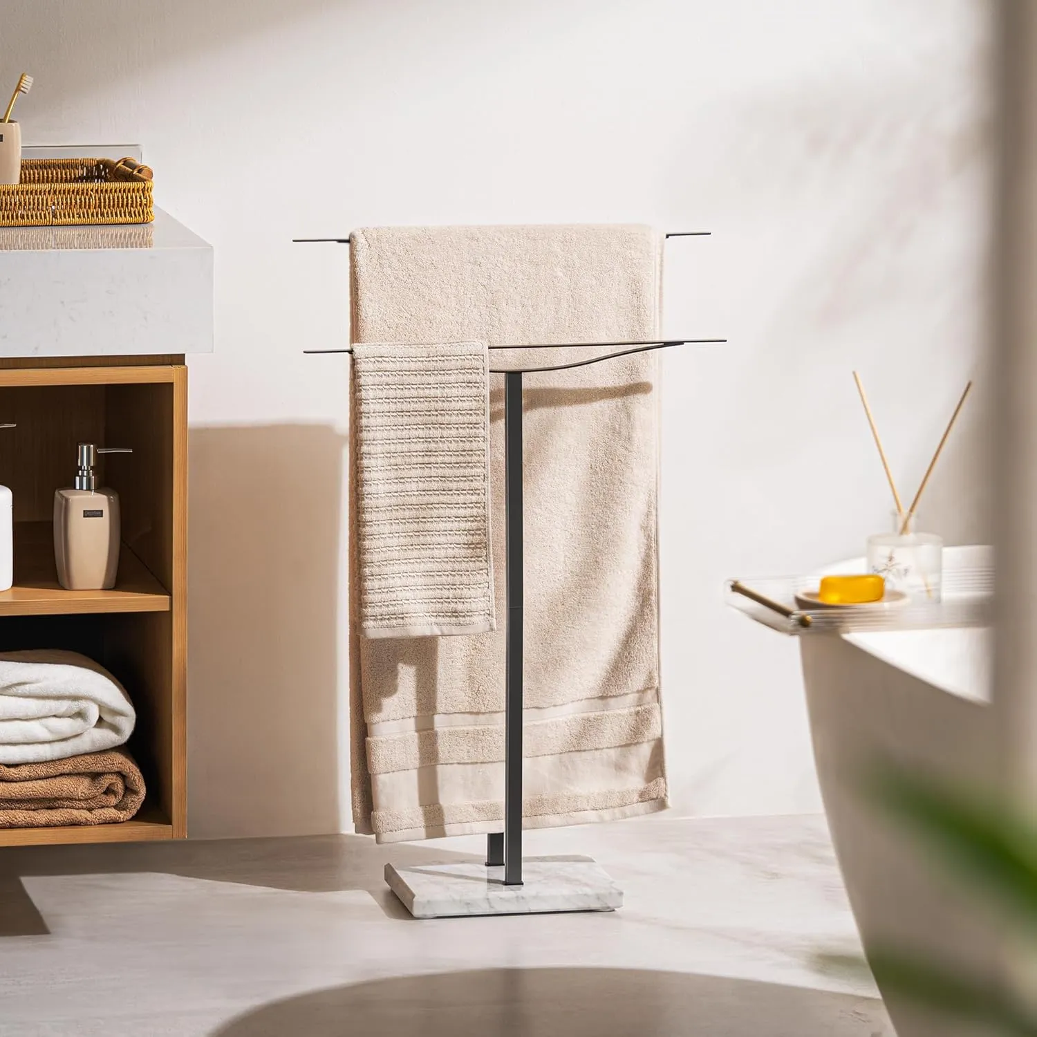 Bathroom Towel Rack Freestanding Floor Stand: Black 33in 2‑Bar Weighted Marble Base Towel Holder, Rustproof 304 Stainless Steel Drying Rack for Bath&Hand Towels, No‑Drill Slim Organizer, Spa Pool