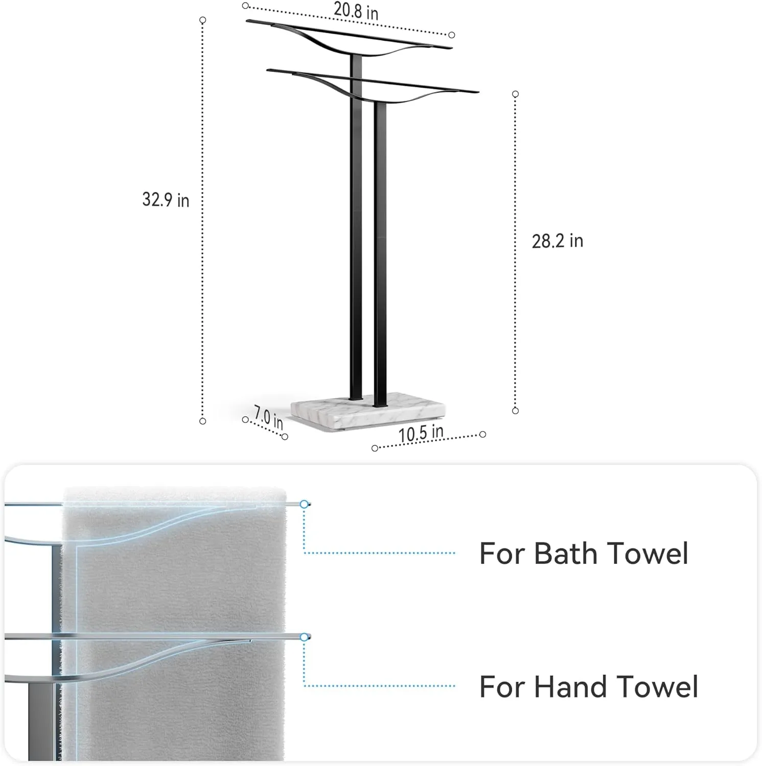 Bathroom Towel Rack Freestanding Floor Stand: Black 33in 2‑Bar Weighted Marble Base Towel Holder, Rustproof 304 Stainless Steel Drying Rack for Bath&Hand Towels, No‑Drill Slim Organizer, Spa Pool