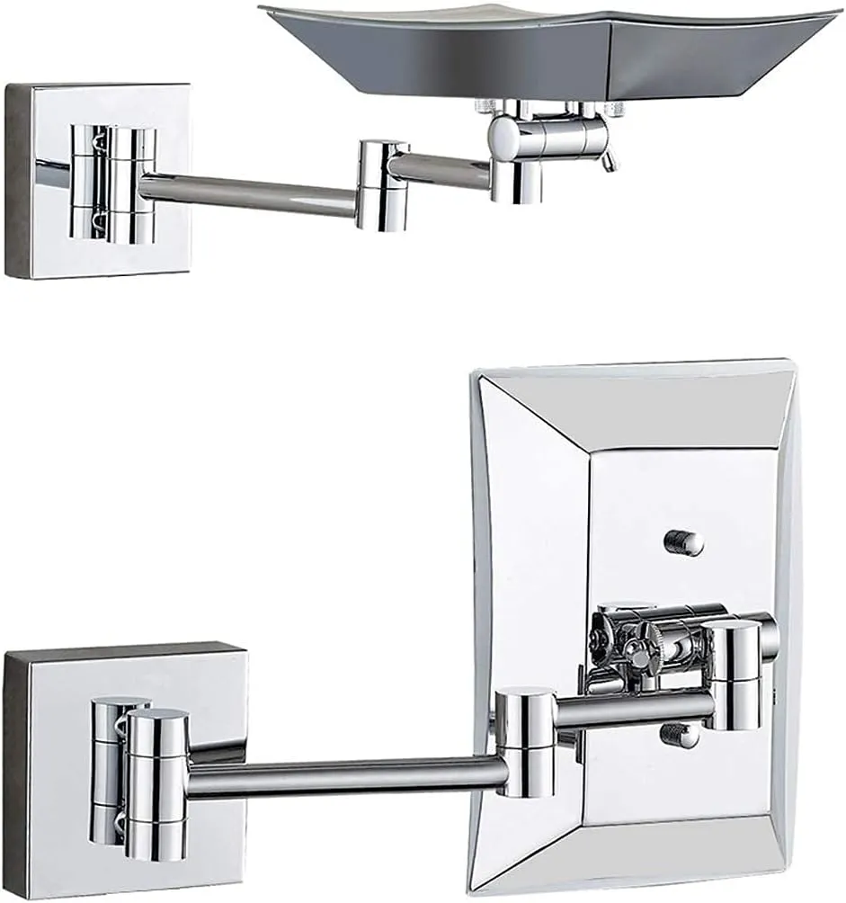 Bathroom Wall-Mounted Makeup Mirror Foldable Telescopic Rotating Metal Copper Square Cosmetic Mirror 8 Inches, Silver