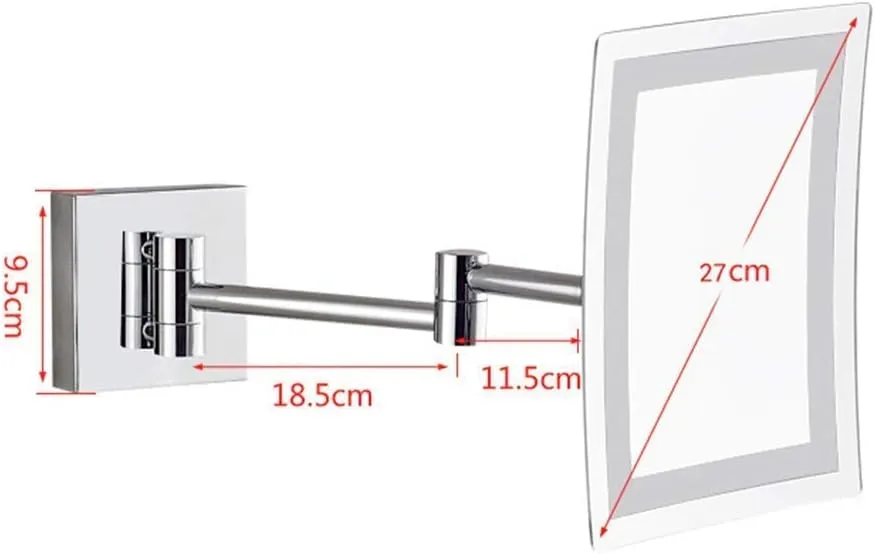 Bathroom Wall-Mounted Makeup Mirror Foldable Telescopic Rotating Metal Copper Square Cosmetic Mirror 8 Inches, Silver