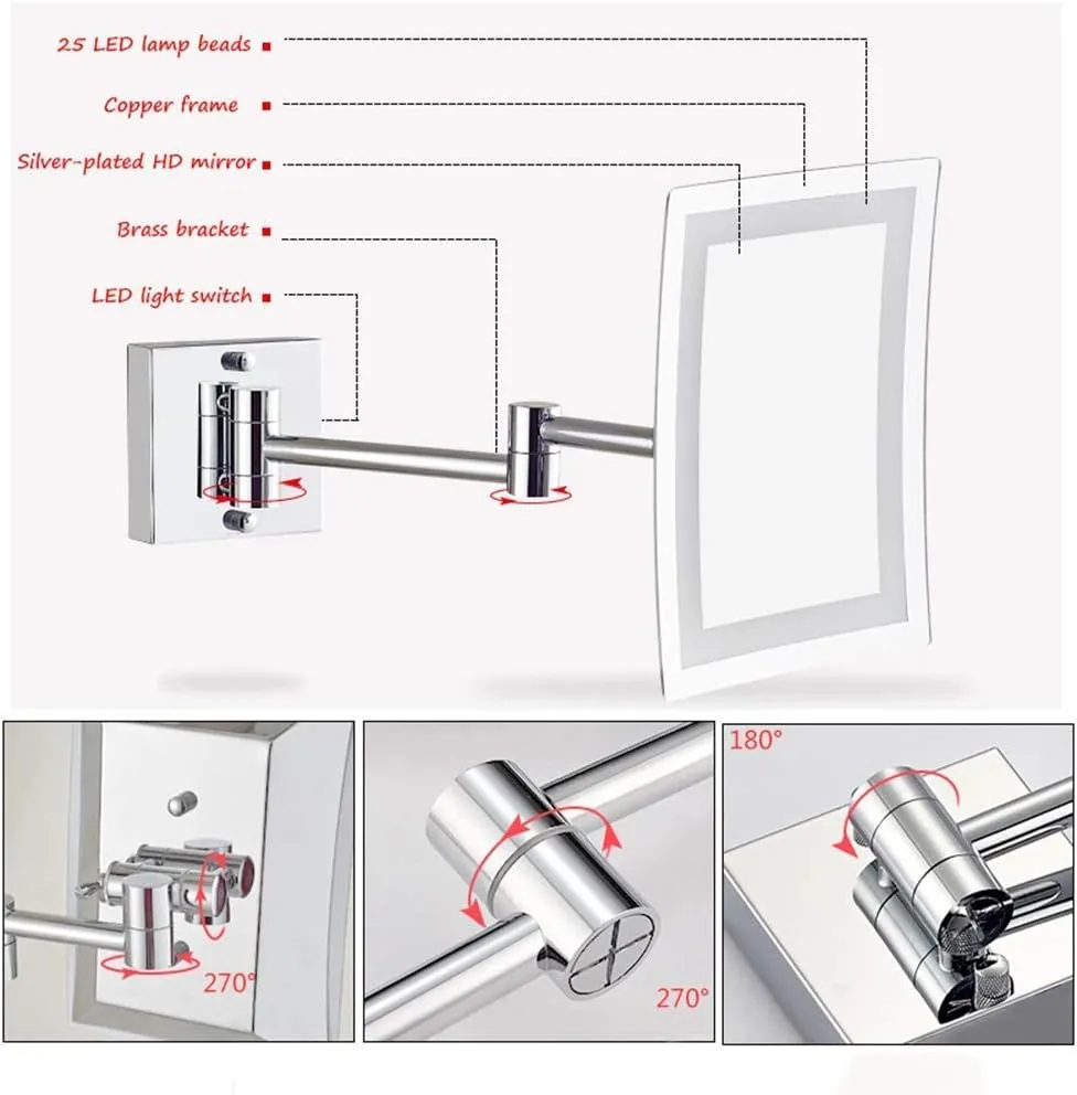 Bathroom Wall-Mounted Makeup Mirror Foldable Telescopic Rotating Metal Copper Square Cosmetic Mirror 8 Inches, Silver