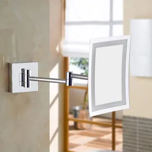 Bathroom Wall-Mounted Makeup Mirror with LED Light Foldable Telescopic Rotating Metal Copper Square Cosmetic Mirror 8 Inches