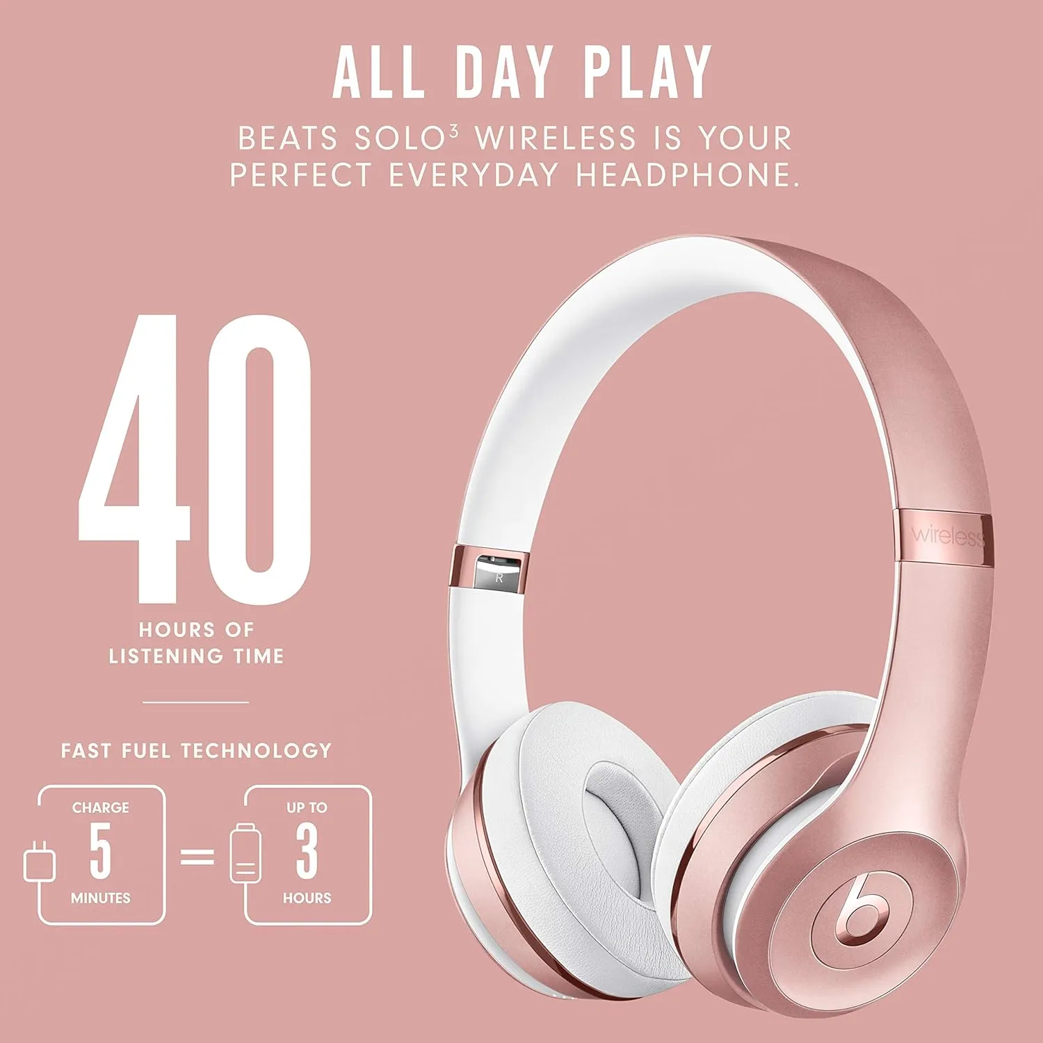 Beats Solo3 Wireless On-Ear Headphones - Apple W1 Headphone Chip, Class 1 Bluetooth, 40 Hours of Listening Time, Built-in Microphone - Rose Gold