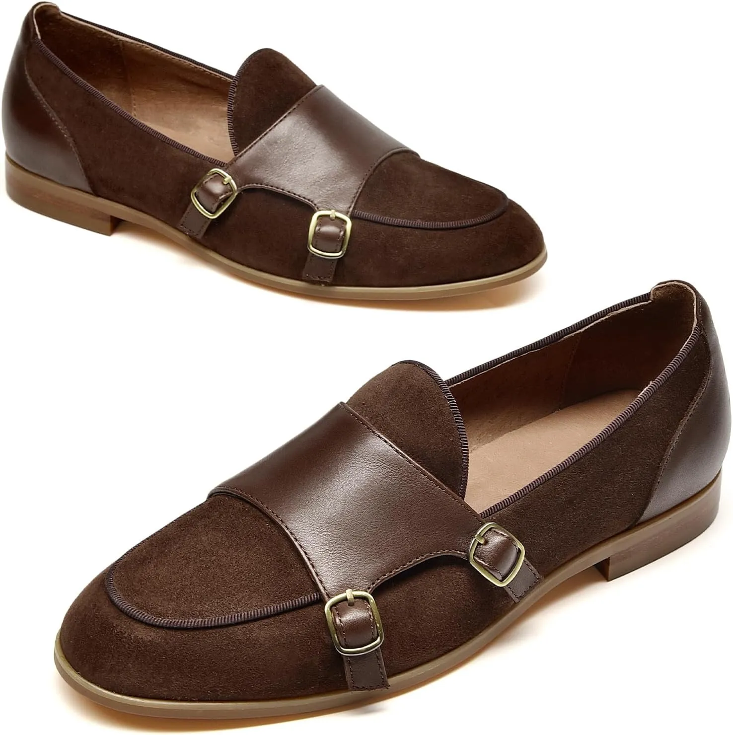 BEAU TODAY Monk Straps Loafers for Women Double Buckles Design Womens Leather Flat Shoes Comfort Business Slip-on Casual Round Toe Loafer Shoes