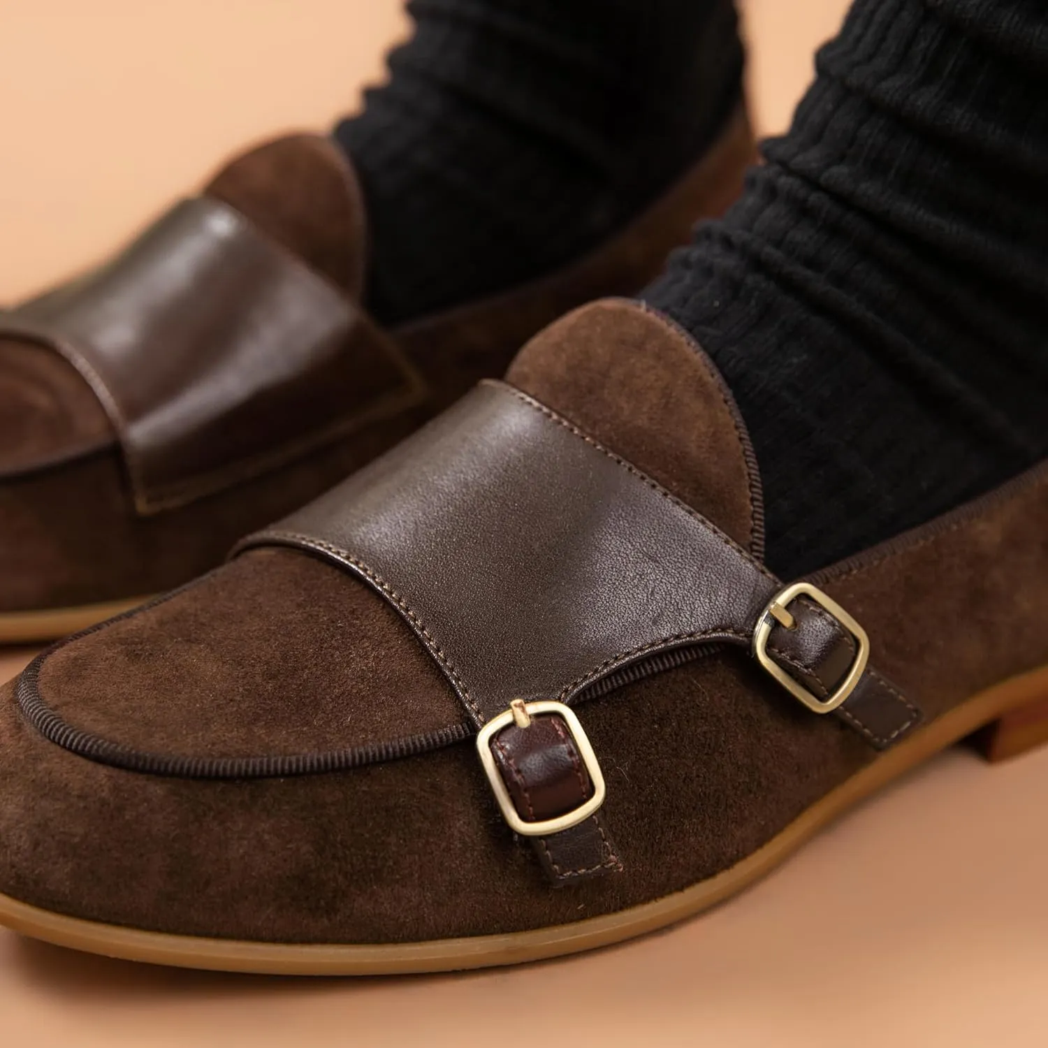BEAU TODAY Monk Straps Loafers for Women Double Buckles Design Womens Leather Flat Shoes Comfort Business Slip-on Casual Round Toe Loafer Shoes