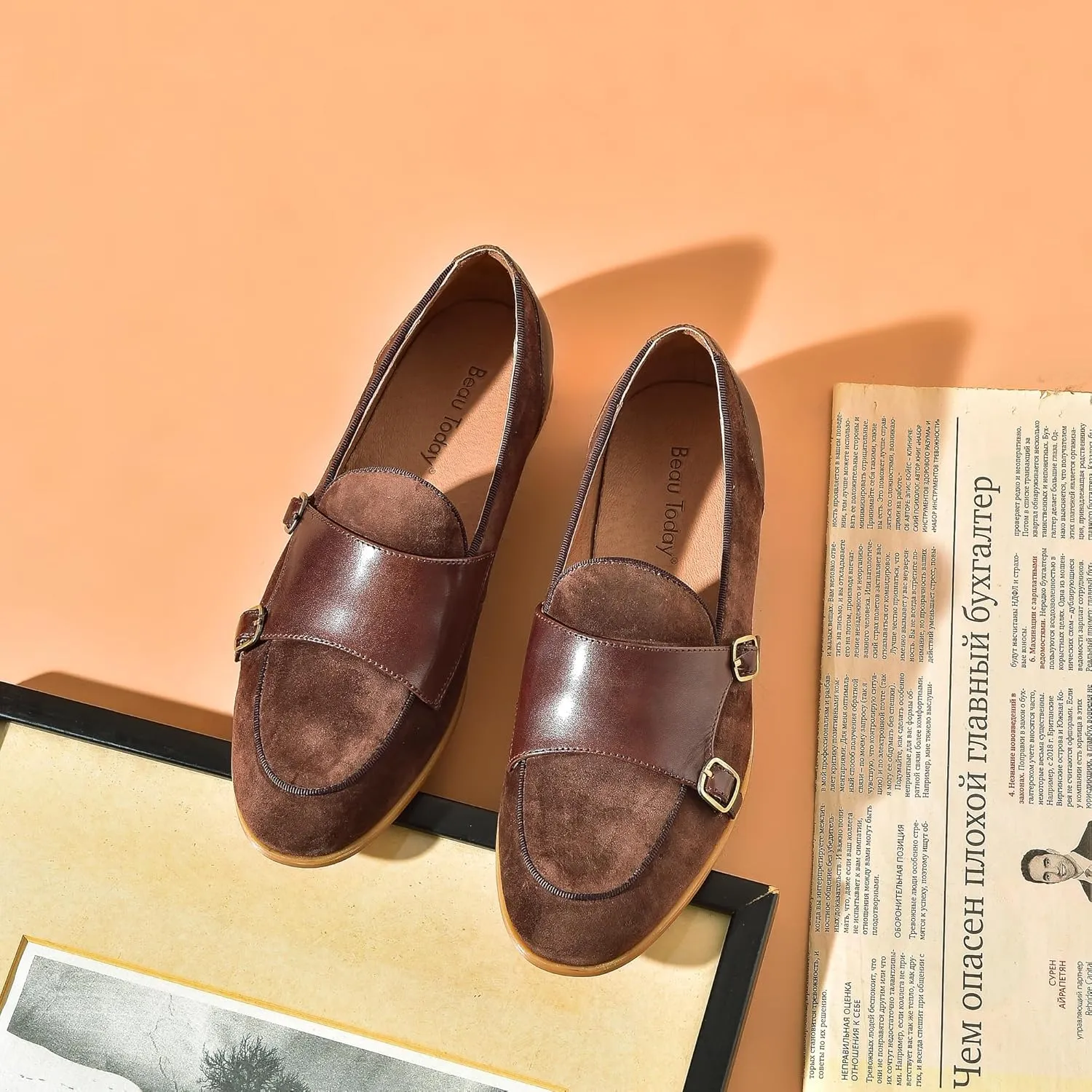 BEAU TODAY Monk Straps Loafers for Women Double Buckles Design Womens Leather Flat Shoes Comfort Business Slip-on Casual Round Toe Loafer Shoes