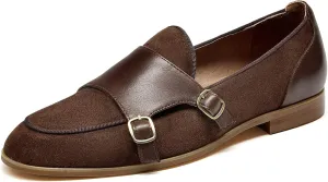 BEAU TODAY Monk Straps Loafers for Women Double Buckles Design Womens Leather Flat Shoes Comfort Business Slip-on Casual Round Toe Loafer Shoes