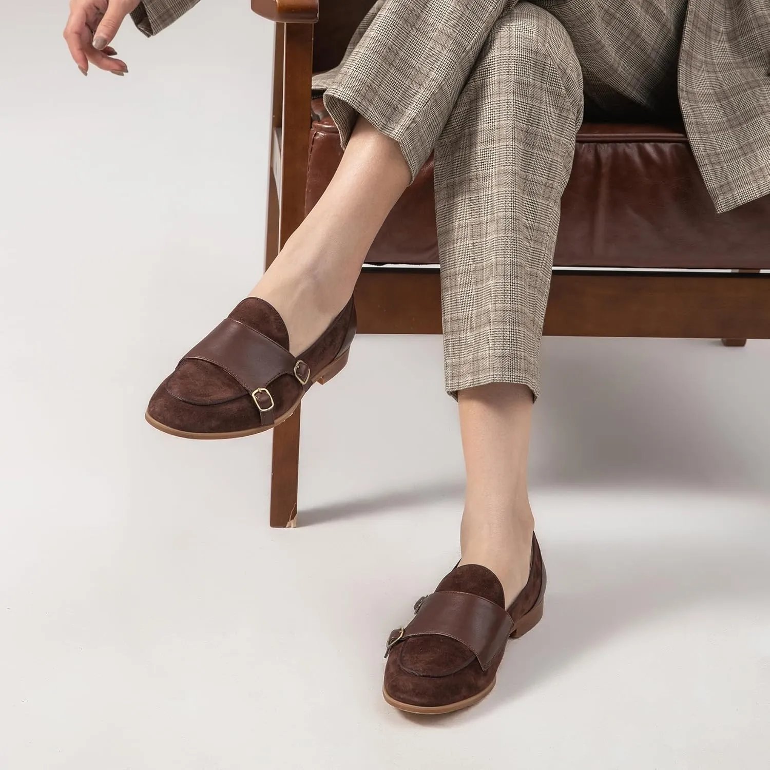 BEAU TODAY Monk Straps Loafers for Women Double Buckles Design Womens Leather Flat Shoes Comfort Business Slip-on Casual Round Toe Loafer Shoes